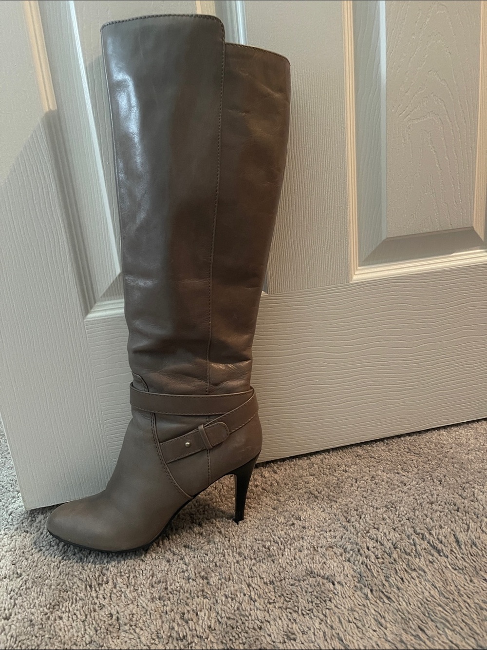 Nine West Taupe Leather Pointed-Toe Knee Boots with Wrap Strap